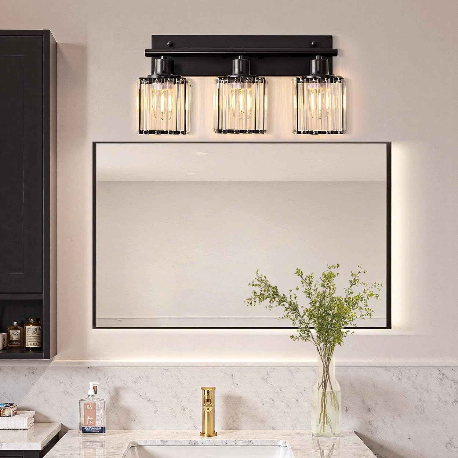 Modern 3-Light Crystal Vanity Light Fixture for Bathroom & Bedroom - Black Finish