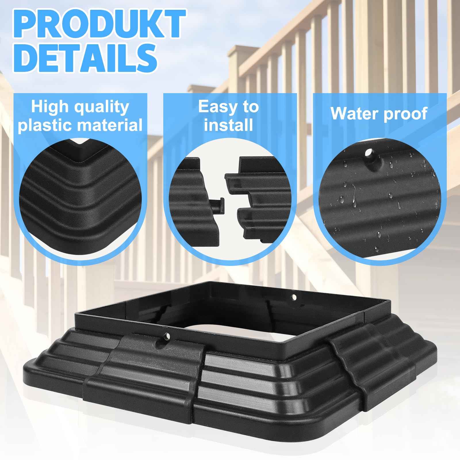 6 Pack 4 x 4 (3.5 inch x 3.5 inch) Vinyl Post Skirt Post Base Cover Column Wraps for Wood Hand Stair Rails and Porch Deck Post Base Black Post Trim
