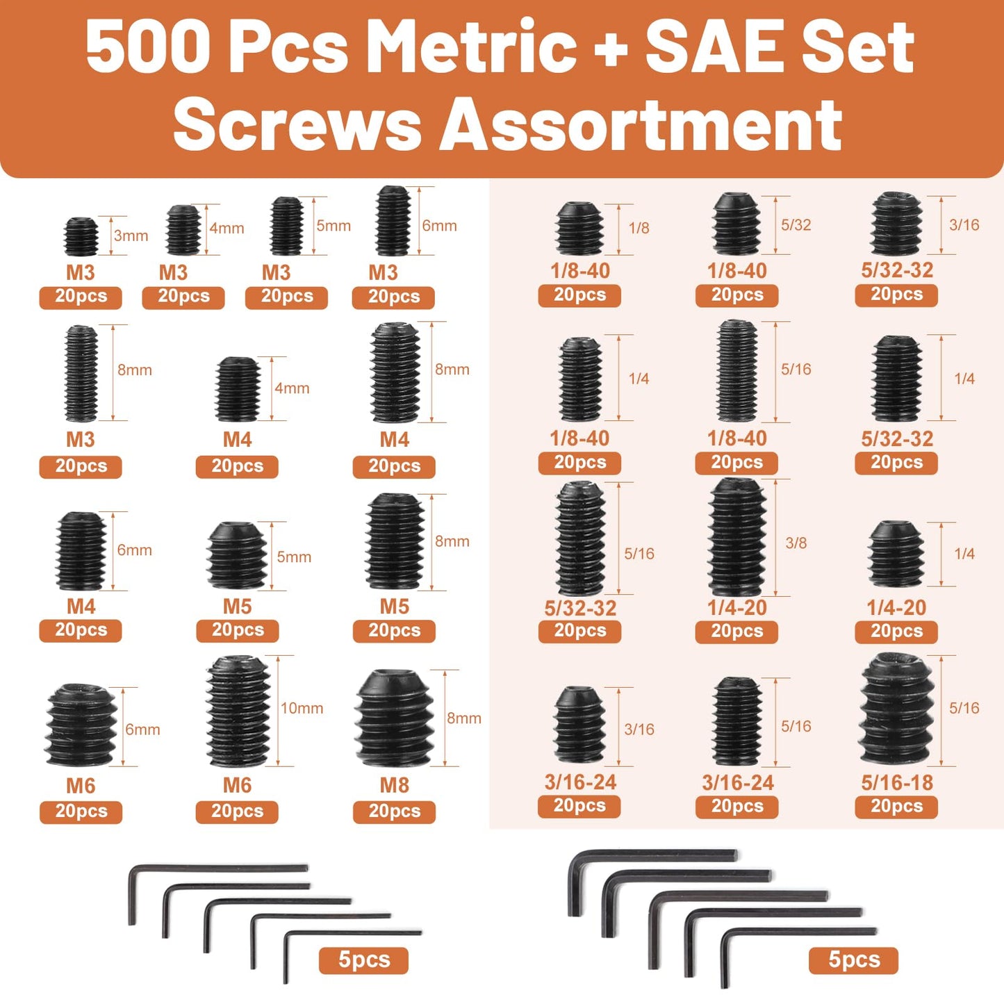 500 Pcs 25 Size Set Screws Metric&SAE Set Screw Assortment Kit 12.9 Alloy Steel Head Socket Metric Set Screws for Bathroom Fixtures Door Handles(M3-M8, 1/8"-40 to 5/16"-18)