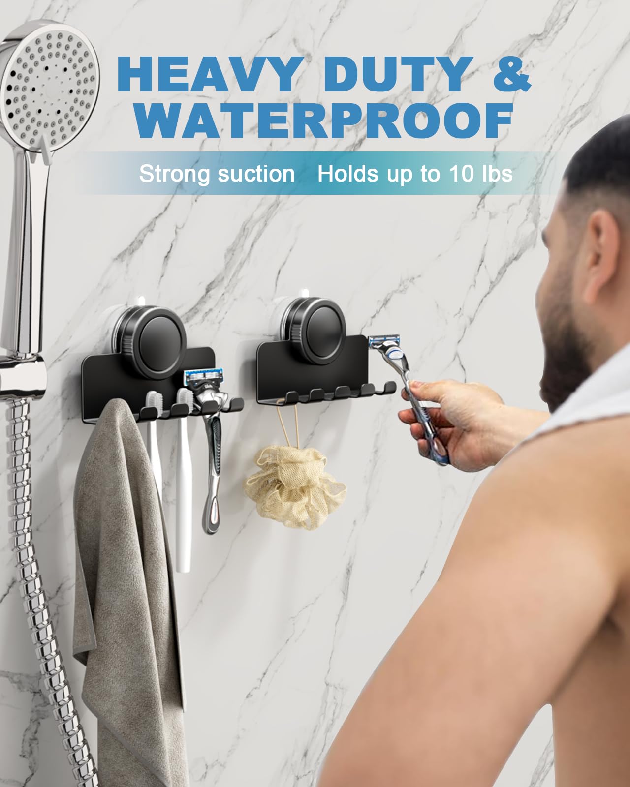 RIVAMBER Suction Cup Hooks, Razor Holder for Shower, Matte Black Waterproof No Drill Hanger for Hanging Loofah Towel Bathroom Kitchen Tiles Glasses