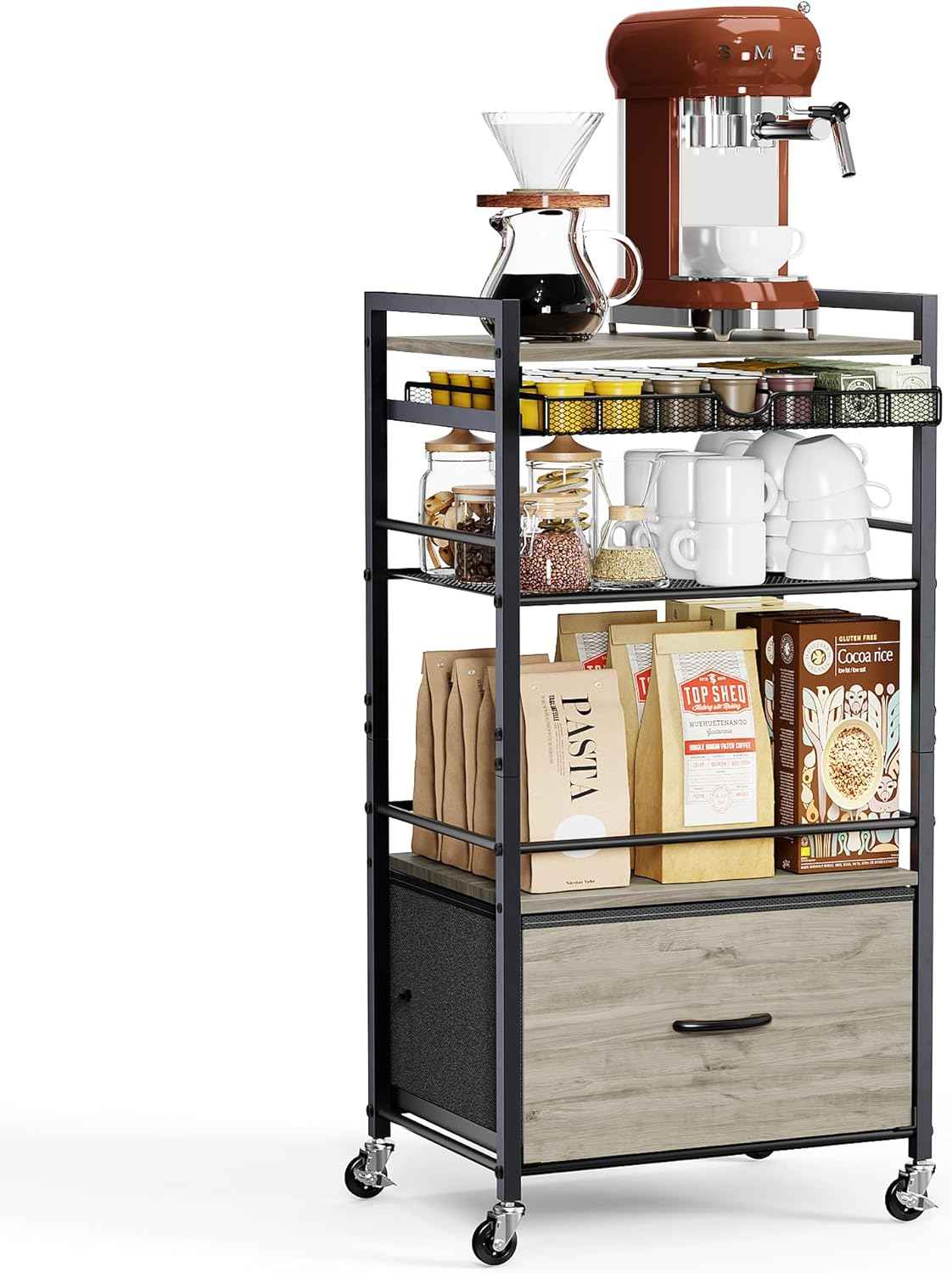 Modern White Coffee Bar Cabinet on Wheels - 5-Tier Storage Station with Drawer for Home Kitchen & Liquor Buffet