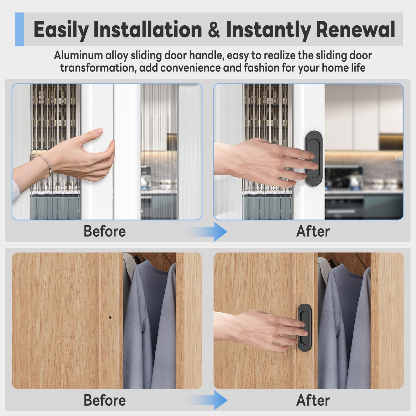 YogePote 2 Pack Self Stick Sliding Door Handles, Aluminum Alloy 4 Inch Self Adhesive Cabinet Knobs for Push-Pull Glass Barn Doors, Closets, Wardrobes, Windows (2, Black)