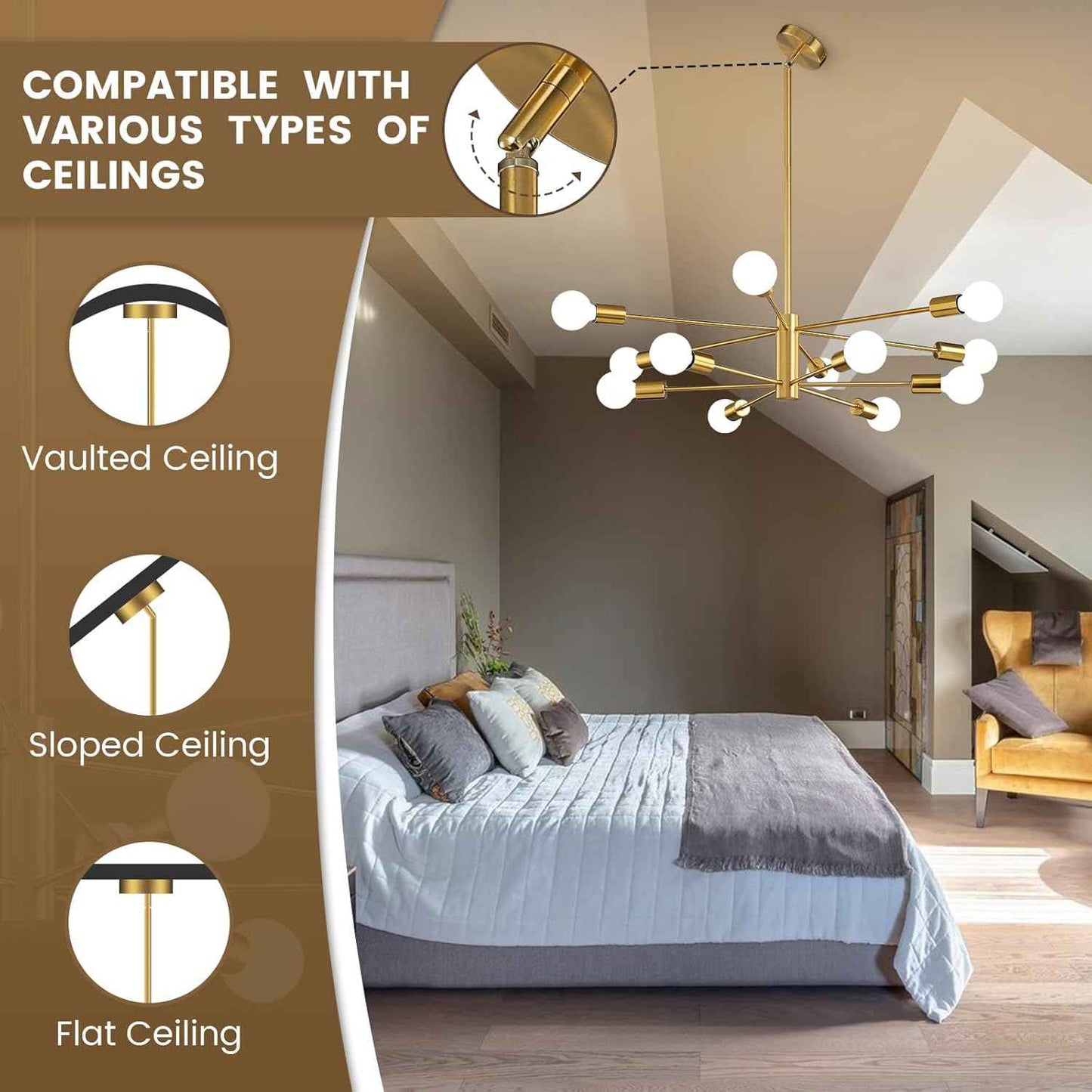 8-Light Gold Sputnik Chandelier - Modern Adjustable Ceiling Light for Dining Room, Kitchen & Foyer