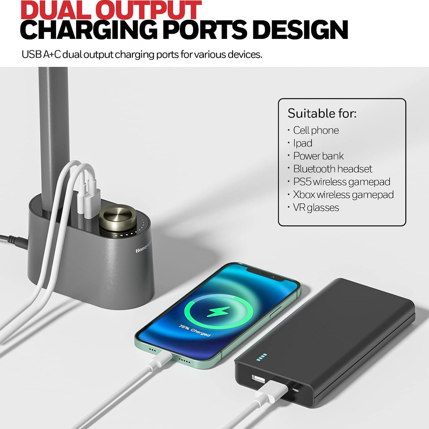 Honeywell H01 Pro LED Desk Lamp - Dimmable Foldable Light with USB Charging & 3 Color Modes for Home Office