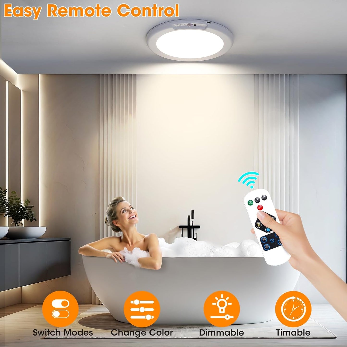 Rechargeable Motion Sensor Ceiling Light - 2 Pack Wireless Battery-Powered with Remote for Closet, Shower, Stairs, and Hallway