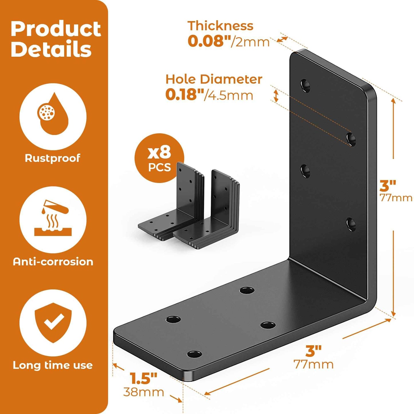 Wuno Shop 8 Pcs 3"x3" L Brackets Heavy Duty, Galvanized Corner Brace for Wood, Angle Iron with Recessed Holes, 90 Degree Angle Bracket for Floating Shelves, Wood Beams, Furniture, Bed -Black