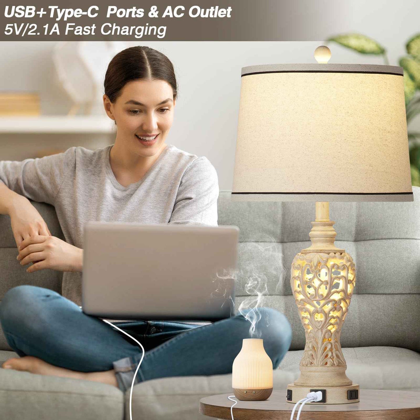 Rinweey Table Lamps Set of 2, Farmhouse Table Lamps with Nightlight, Rustic Bedside Lamps with Dual USB & AC Outlet, 25.2'' Beige Vintage Nightstand Lamps for Bedroom Living Room, Bulbs Included