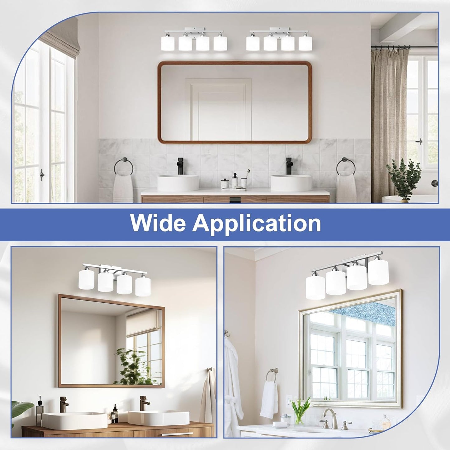 Modern 4-Light Bathroom Vanity Light Fixture - Anti-Rust Over Mirror Sconce with Milky White Glass Shades, E26 Base