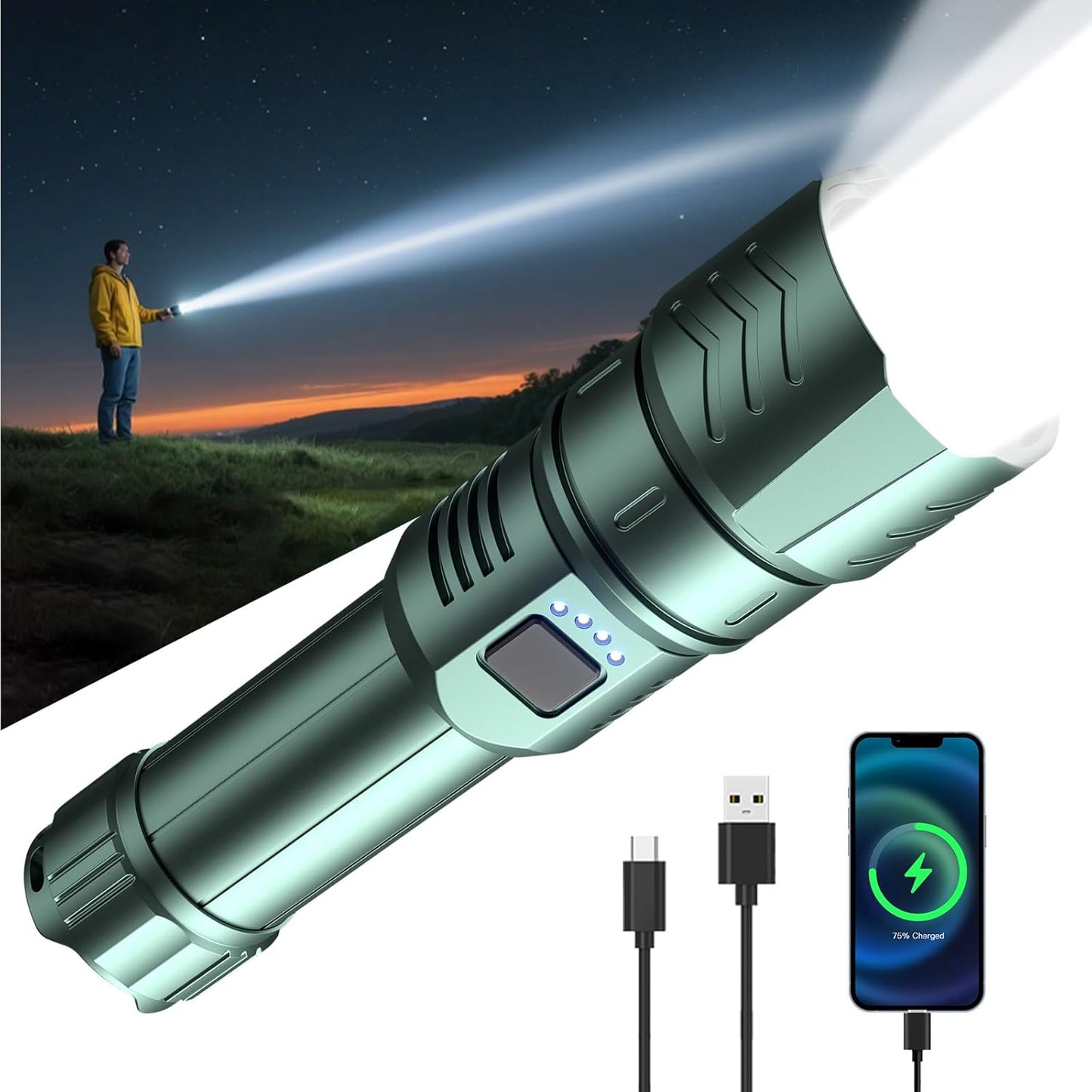 2000 Lumen Rechargeable LED Flashlight - Waterproof Tactical Light with Zoom & 4 Modes for Camping & Outdoor Use