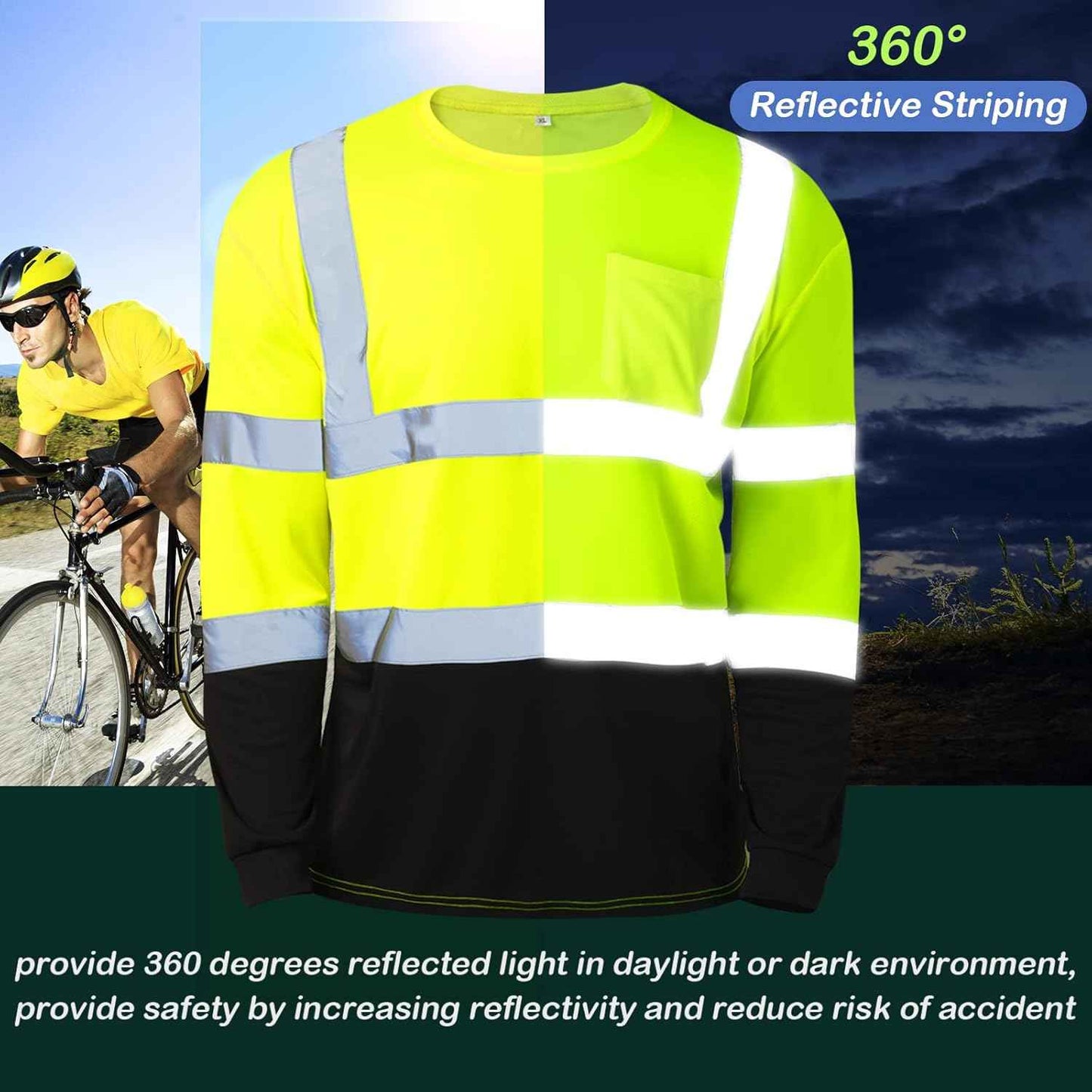 High Visibility Long Sleeve Safety Shirts - 6 Pack Class 3 Reflective Wicking Shirts with Pocket (Yellow)