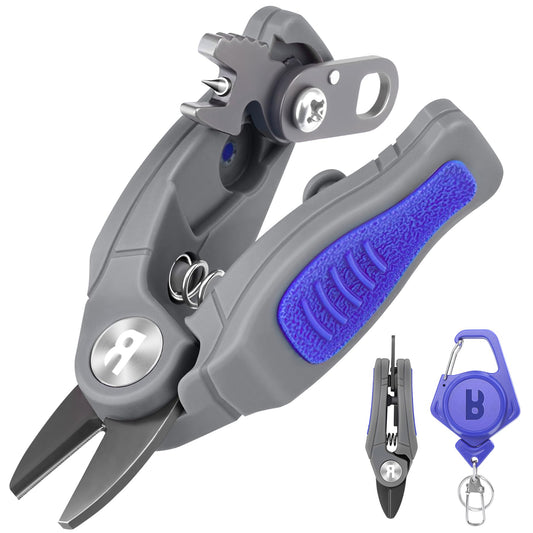 Booms Fishing Line Cutter with Retractor: Mini Fishing Scissors for Braided Momo Fluoro Line - Braid Scissors Saltwater with Hook Eye Cleaner - Serrated Shears with Locking Feature, FR1