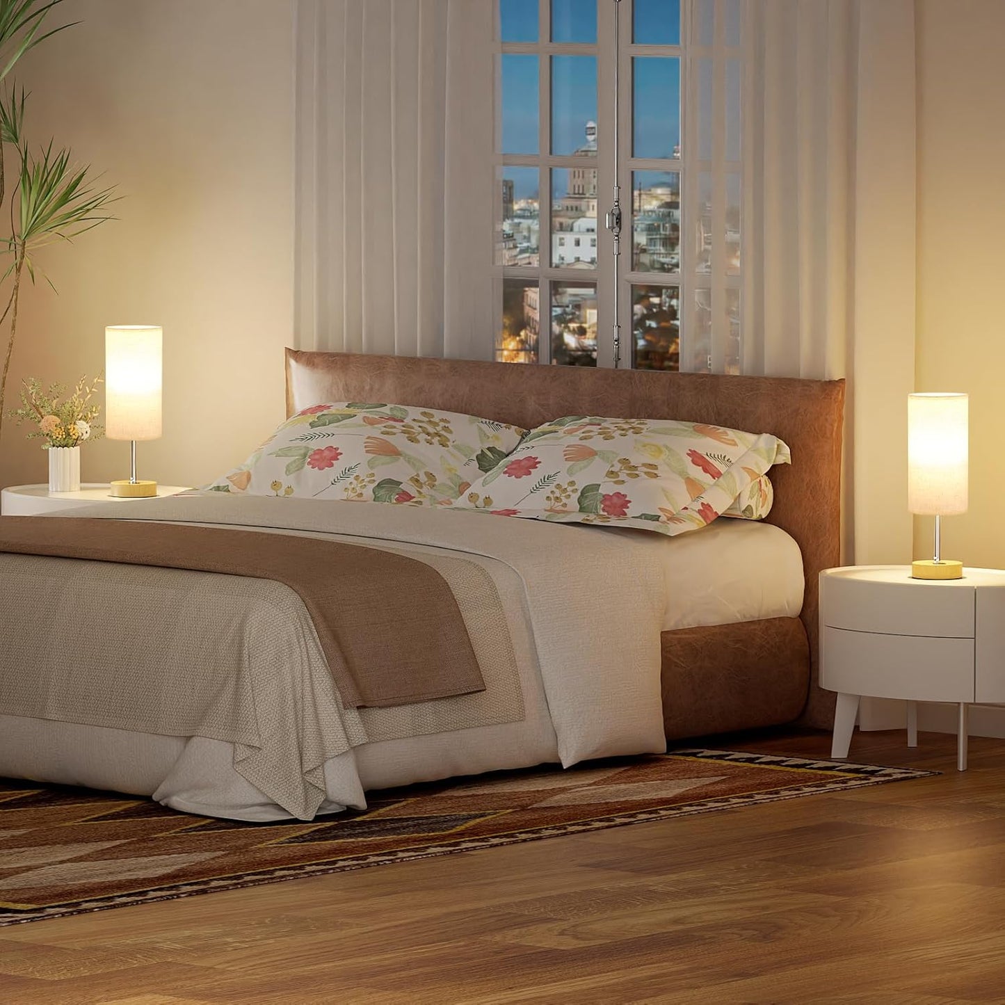 Touch Bedside Lamps Set of 2 - Dimmable Table Lamps with Wooden Charging Station for Bedroom & Kids Room
