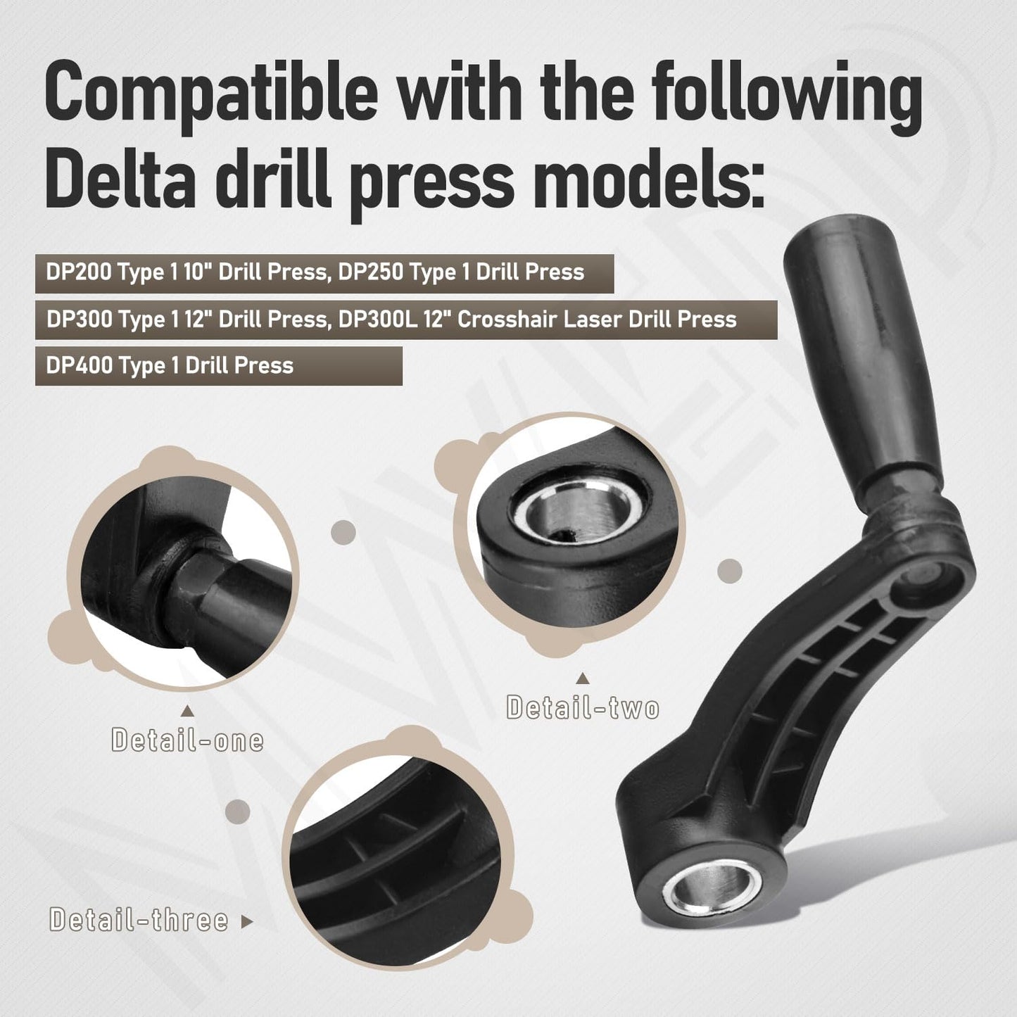 Drill Press Table Elevation Crank Handle 1344258 for Delta drill Press Table, having a 14.5 mm (9/16") diameter elevating shaft and 6" swing