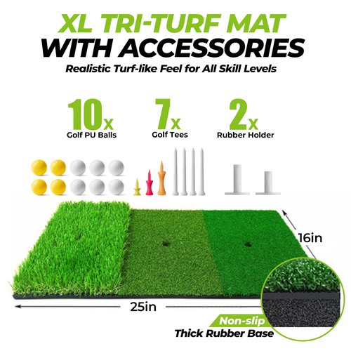 Golfguru Golf Net, 10x7ft All in 1 Practice Net with Pro Chipping Target, Tri-Turf Mat, 10 Balls, 7 Tees, 2 Rubber Tees, Carry Bag, Golf Net for Backyard Driving Chipping