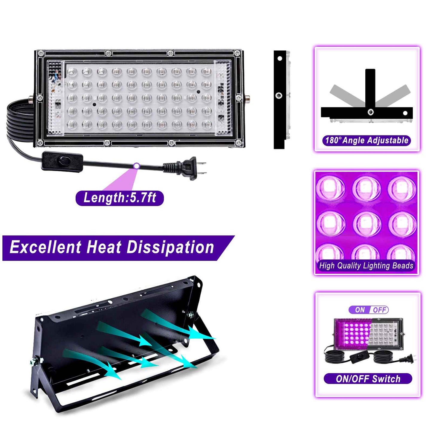 Akpgf 2 Pack 50W Black Light, LED Blacklight with US Plug and Switch, Black Lights for Glow and Neon Parties, Halloween, Body Painting, Birthday Party, Fluorescent Painting and Tapestry