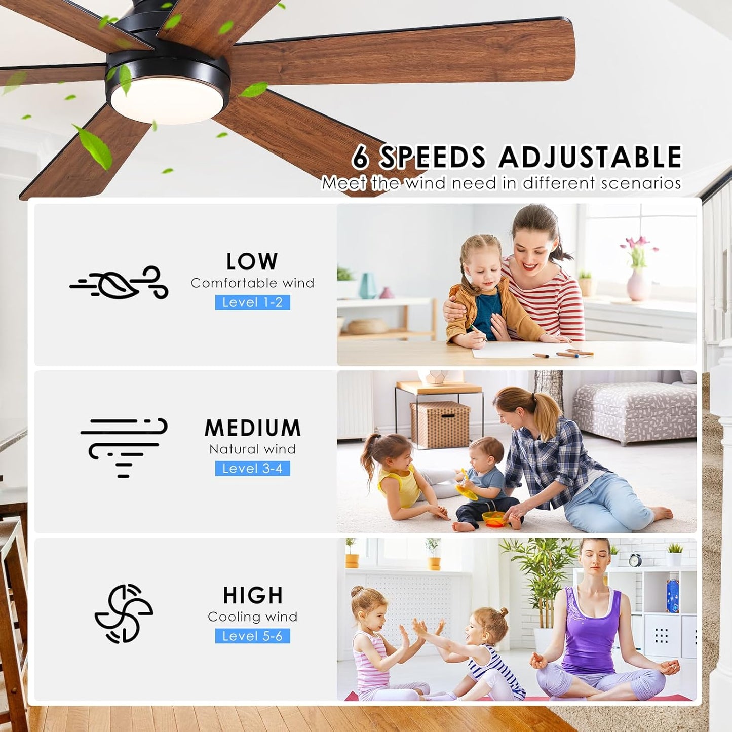 46” Black Low Profile Ceiling Fan with Lights & Remote Control - Dimmable, Noiseless, Reversible for Bedroom