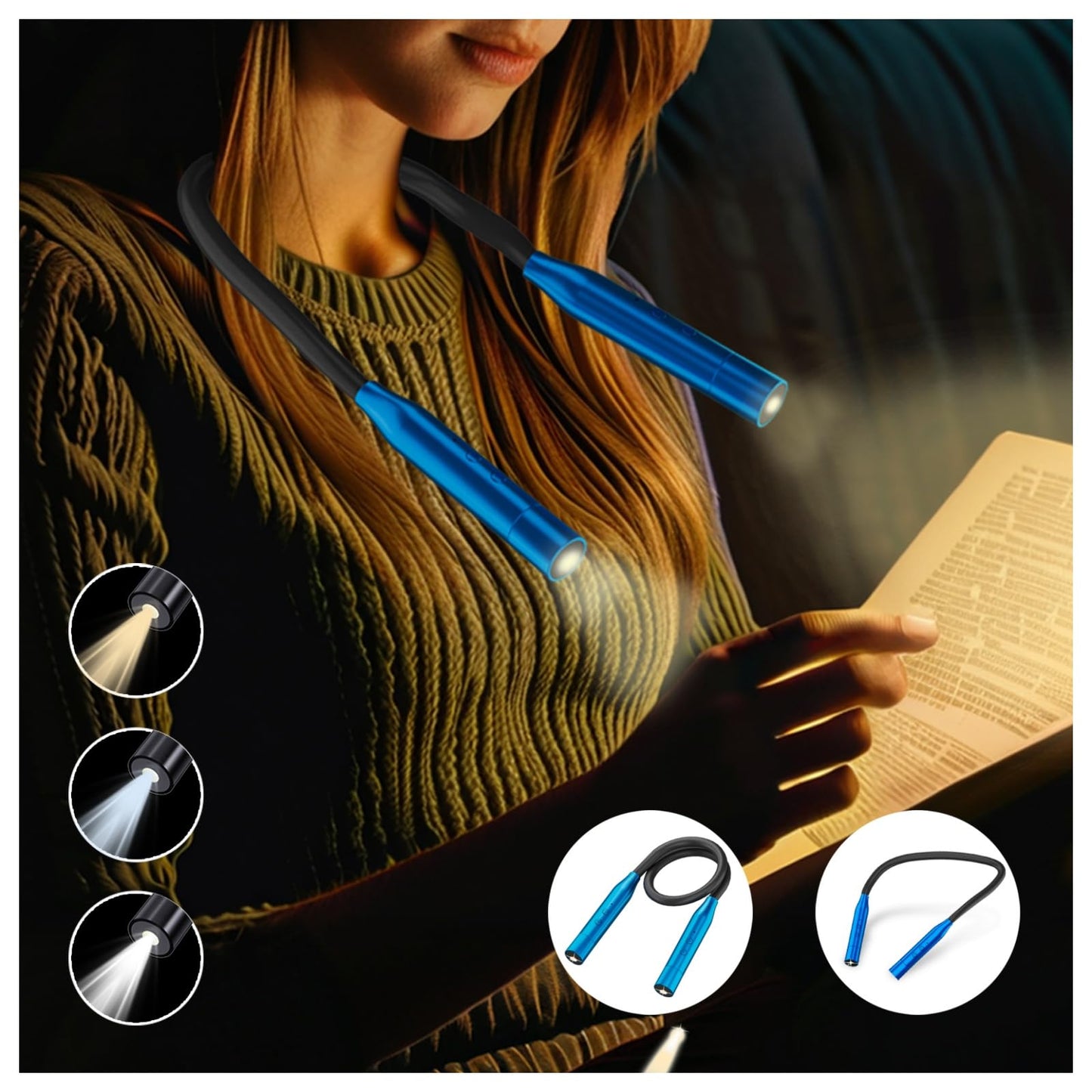 2 Pack Neck Book Lights, 3 Colors & 3 Brightness Levels, Flexible 380° Neck Light Rechargeable, LED Reading Lights for Books in Bed, 80 Hrs Lasting, Perfect for Reading, Knitting, Crafts, Repairs