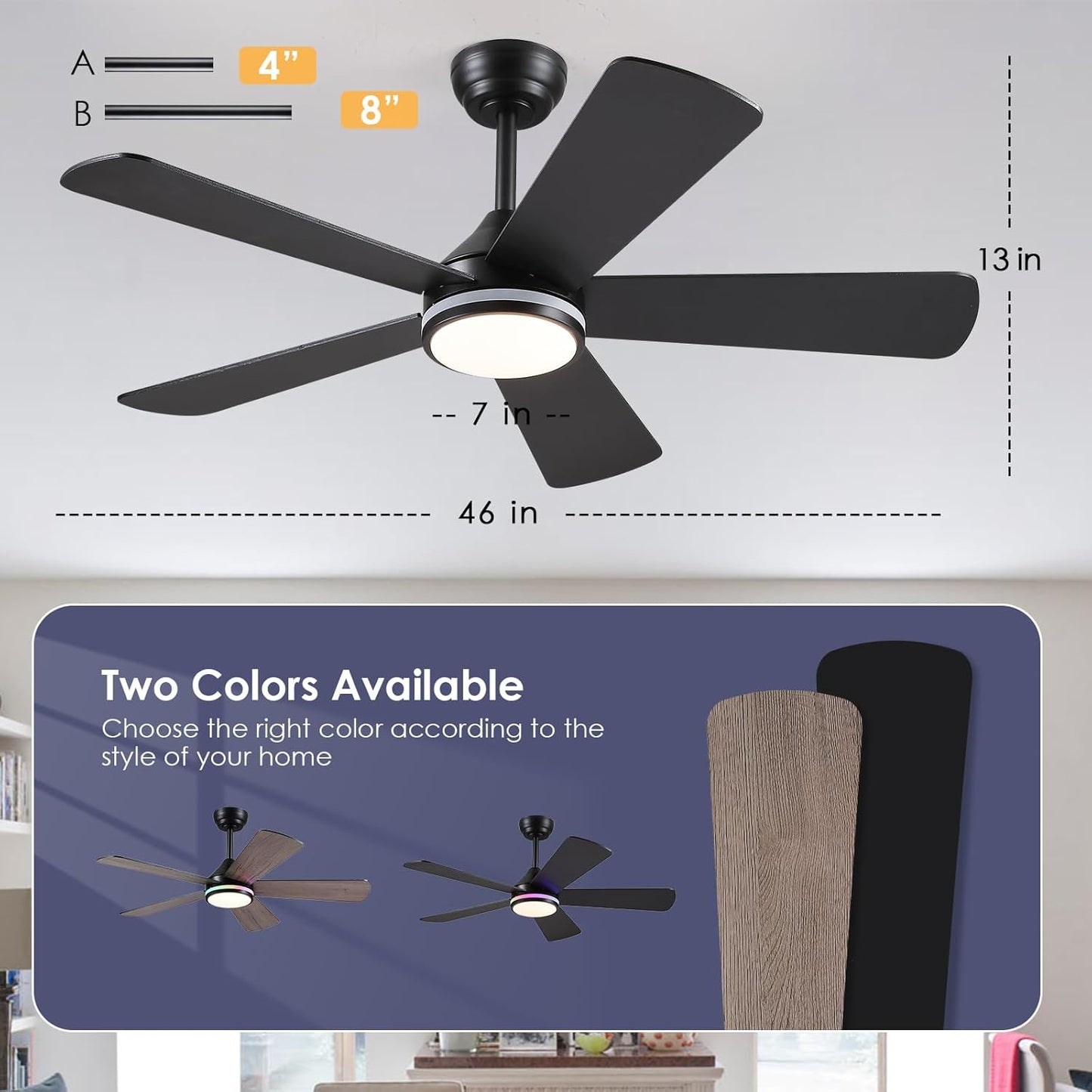 46” Black Low Profile Ceiling Fan with Lights & Remote Control - Dimmable, Noiseless, Reversible for Bedroom