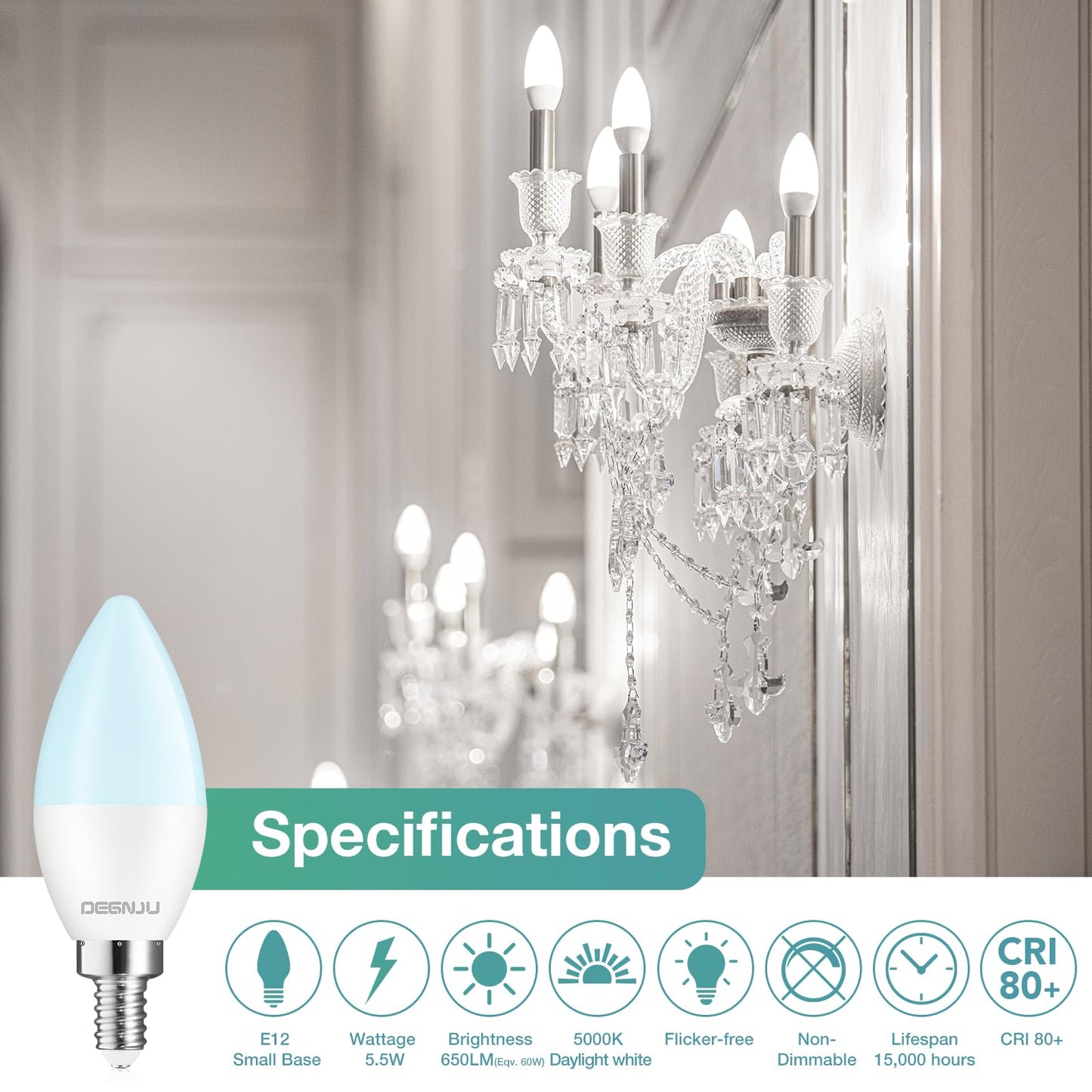 DEGNJU Chandelier Light Bulbs 60 Watt Equivalent, Candelabra LED Light Bulbs, E12 LED Bulb Daylight 5000K, Type b Light Bulb 5.5W, Candelabra Base, 120V, B11 Candle Light Bulb, Non-Dimmable, 10 Pack