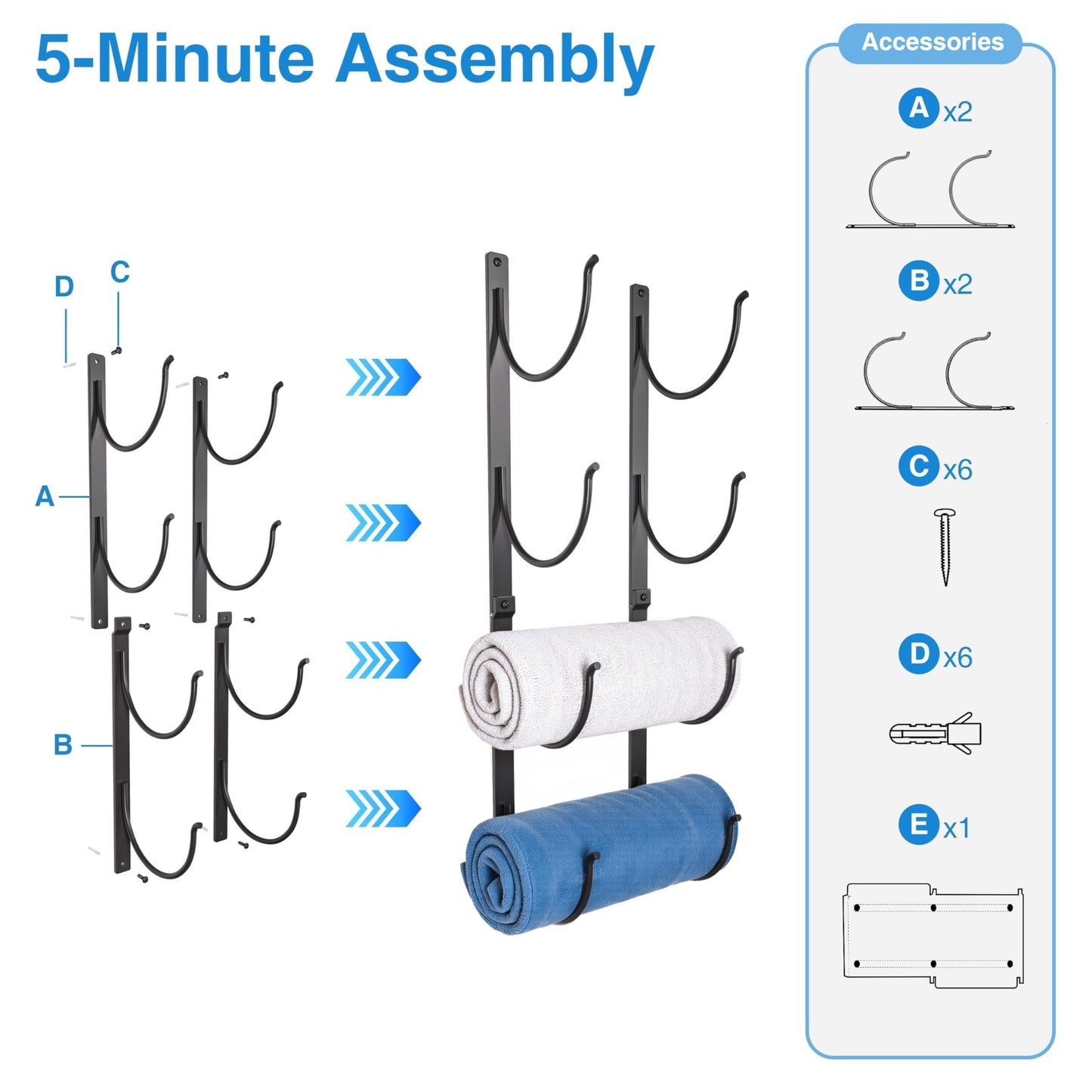 Bathroom Rolled Towel Rack: 4-Tier Wall Mounted Towel Storage Holder, Hanging Organizer for Towels, Blankets, Large Bath Sheets, Space Saving in RV, Closet, Toilet, Cabinet, Black Metal