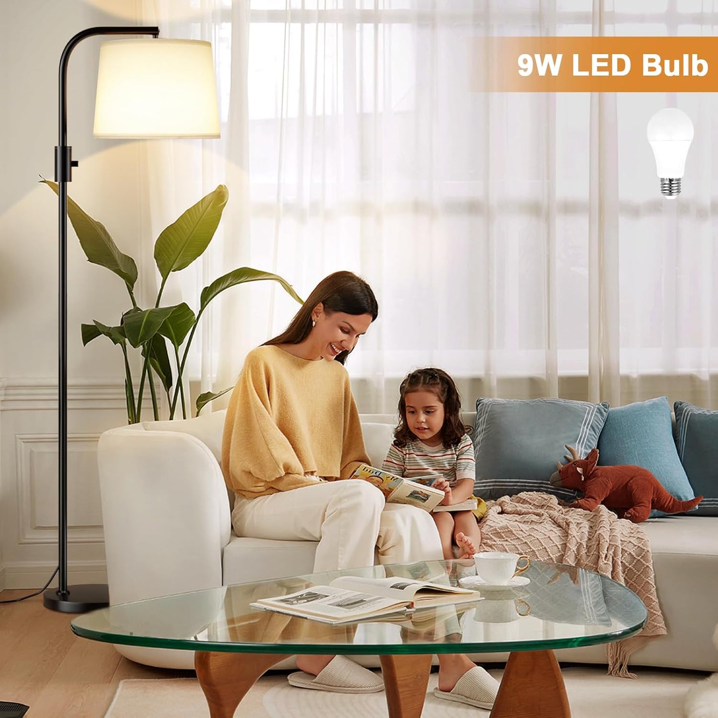 Modern Dimmable Floor Lamp with 9W LED Bulbs - Stylish Standing Light for Living Room & Bedroom (Gold & White)