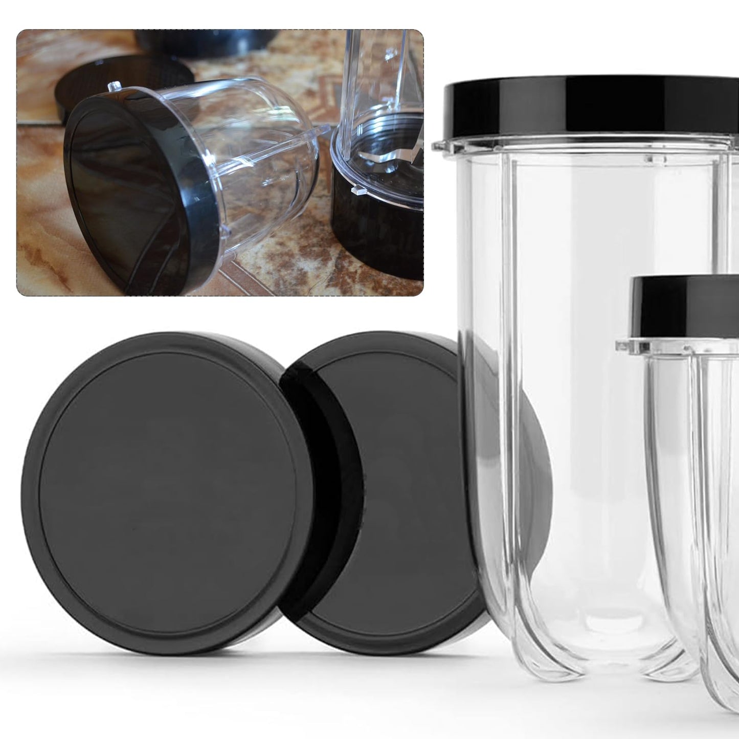 4 Pieces Lids for Magic Bullet Replacement Parts, Ma-gic Bu-lle-t Replacement Parts, Black Plastic Lids Compatible with M-B1001 Cups 250W