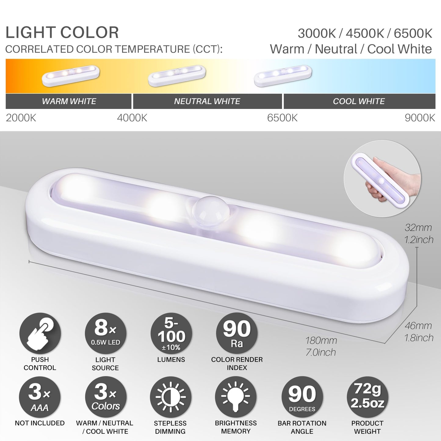 STAR-SPANGLED 3 Pack 7” Dimmable Push Tap Lights, Stick on LED Touch Lights AAA Battery Operated for Kitchen, Closet, Under Cabinet, 3 Color Modes