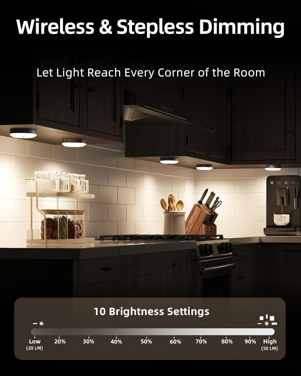 Rechargeable Under Cabinet Puck Lights with Remote - Dimmable RGB & 3 Color Temps (6 Pack)