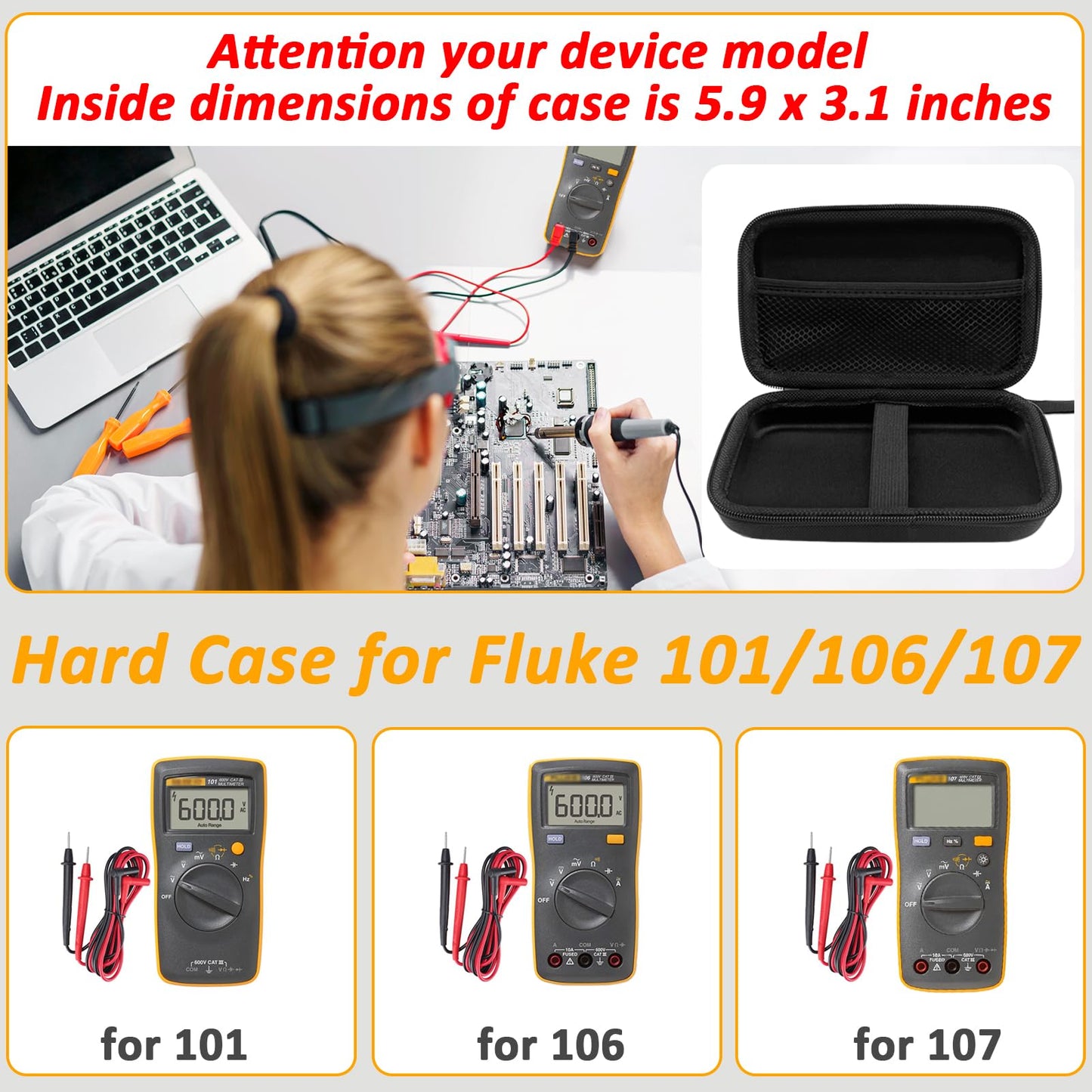 ICIMBI Case for Fluke 101/106/107 Handheld Digital Multimeter, EVA Drop-Resistant Meter Case(Case Only), Black