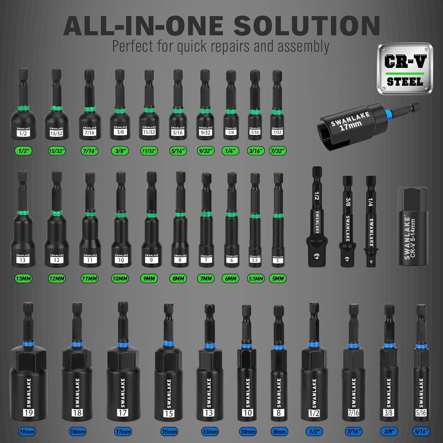 74-Piece Magnetic Nut Driver Set for Impact Drill - Metric & SAE, Universal Socket & Quick-Change Bit Extension