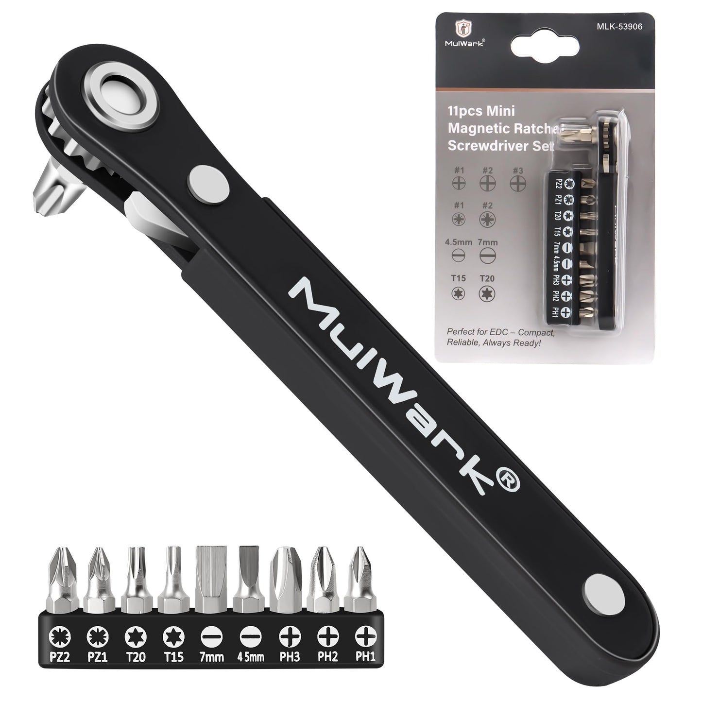 MULWARK 11-Piece Mini Ratchet Set, 1/4" Right Angle Screwdriver with Multi Bits - Ultra Low Profile Offset Driver for Automotive Repair, Electrical Work, Bicycle & Household Maintenance EDC Kit