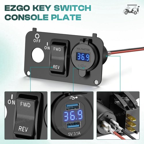 DRIVE UP Golf Cart Key Switch Console Plate, EZGO Forward Reverse Switch Plate Fits EZGO TXT, Medalist, PDS Golf Carts, Equipped with DC 9V-48V 3.1A Fast Charge Dual USB Charger, LED Digital Voltmeter