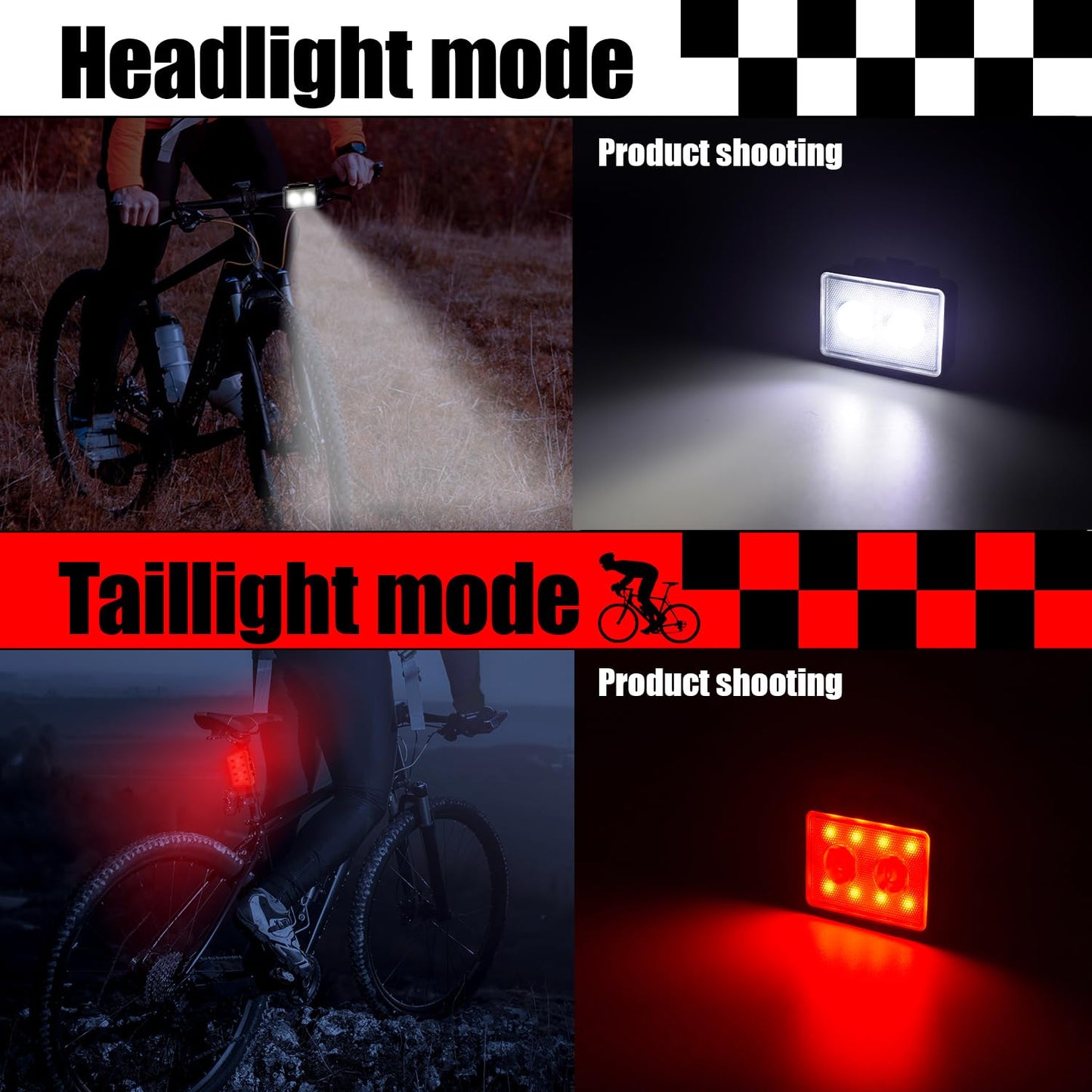 Bicycle Light for Night Riding, SUPPENGUIN USB Rechargeable, Front and Back, 3+4 Modes, Headlight and Taillight Set, IP44 Waterproof (Black, 2 Pack)
