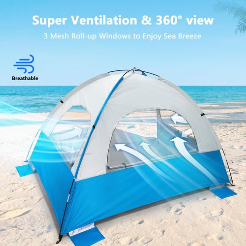 NXONE Beach Tent Sun Shade Shelter for 4 Person with UV Protection, Extended Floor, 3 Mesh Roll Up Windows & 8.5mm Fiberglass Rods丨Carry Bag Included (Blue White)