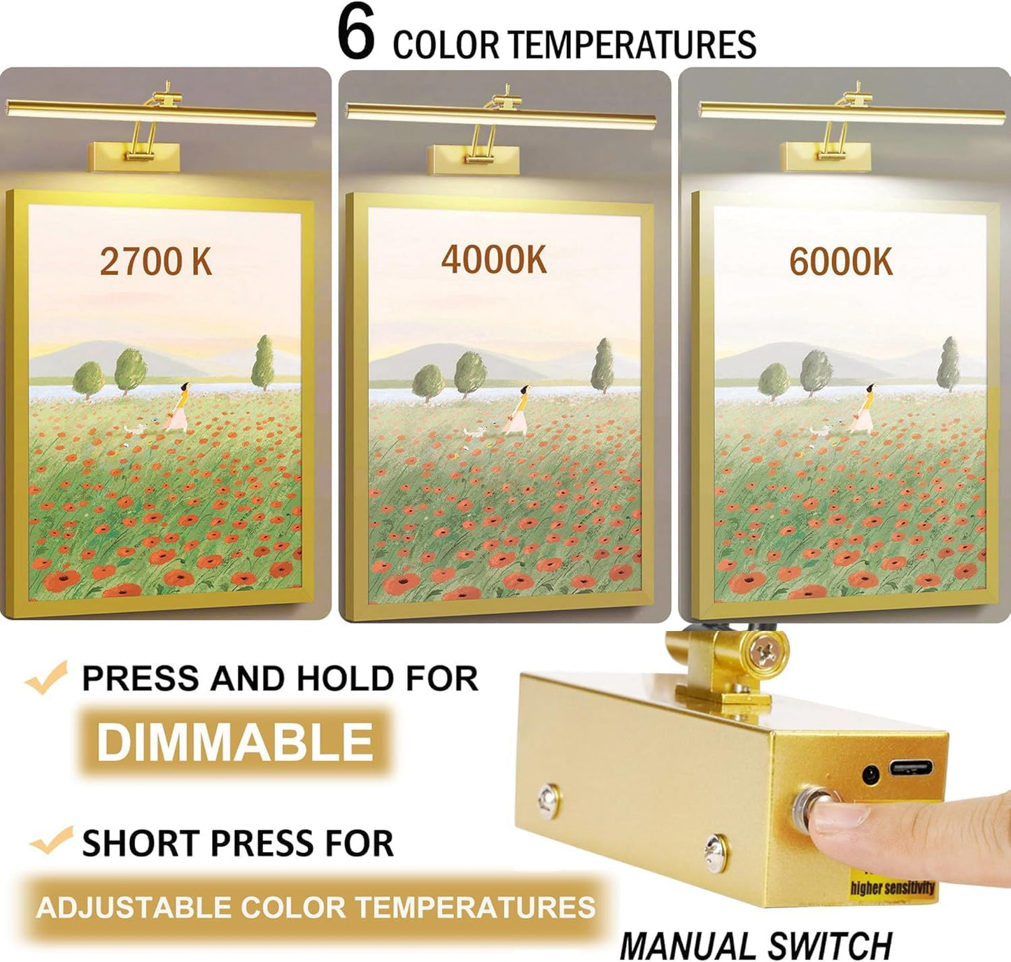 Wireless Battery Operated Picture Lights - 2 Pack, 16 Inch Dimmable Art Lighting with Remote, 6 Color Options - Perfect for Paintings and Gallery Displays