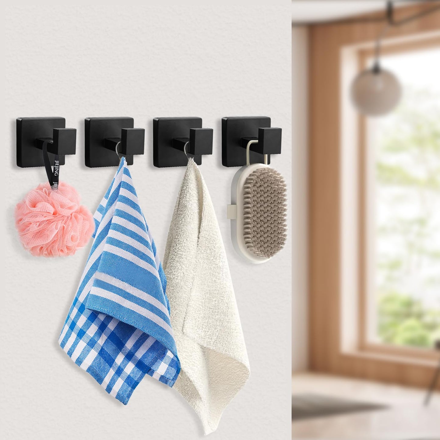 4 Pack Matte Black Towel Hooks - Heavy Duty Stainless Steel Wall Hooks for Bathroom, Kitchen, Bedroom & Closet - Modern Square Design Robe & Towel Holder for Coats, Bags, Hats & More