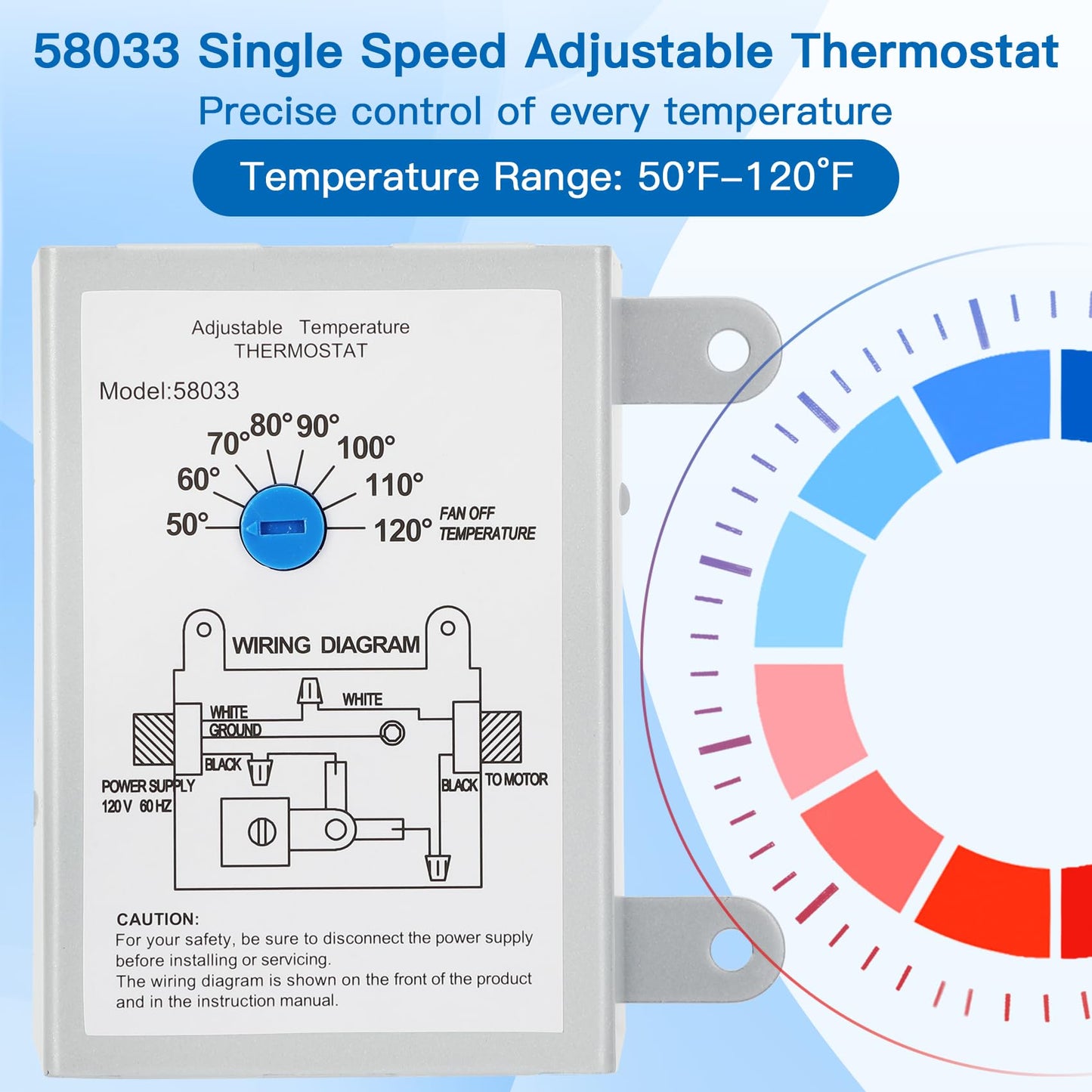 58033 Single Speed Adjustable Thermostat for Lomanco Lomancool 2000/1800 Series and F0510B2944, 9800527, 99080267 Power Vent Attic Fan, Temperature Control Range 50°F-120°F (10°C-48.89°C)