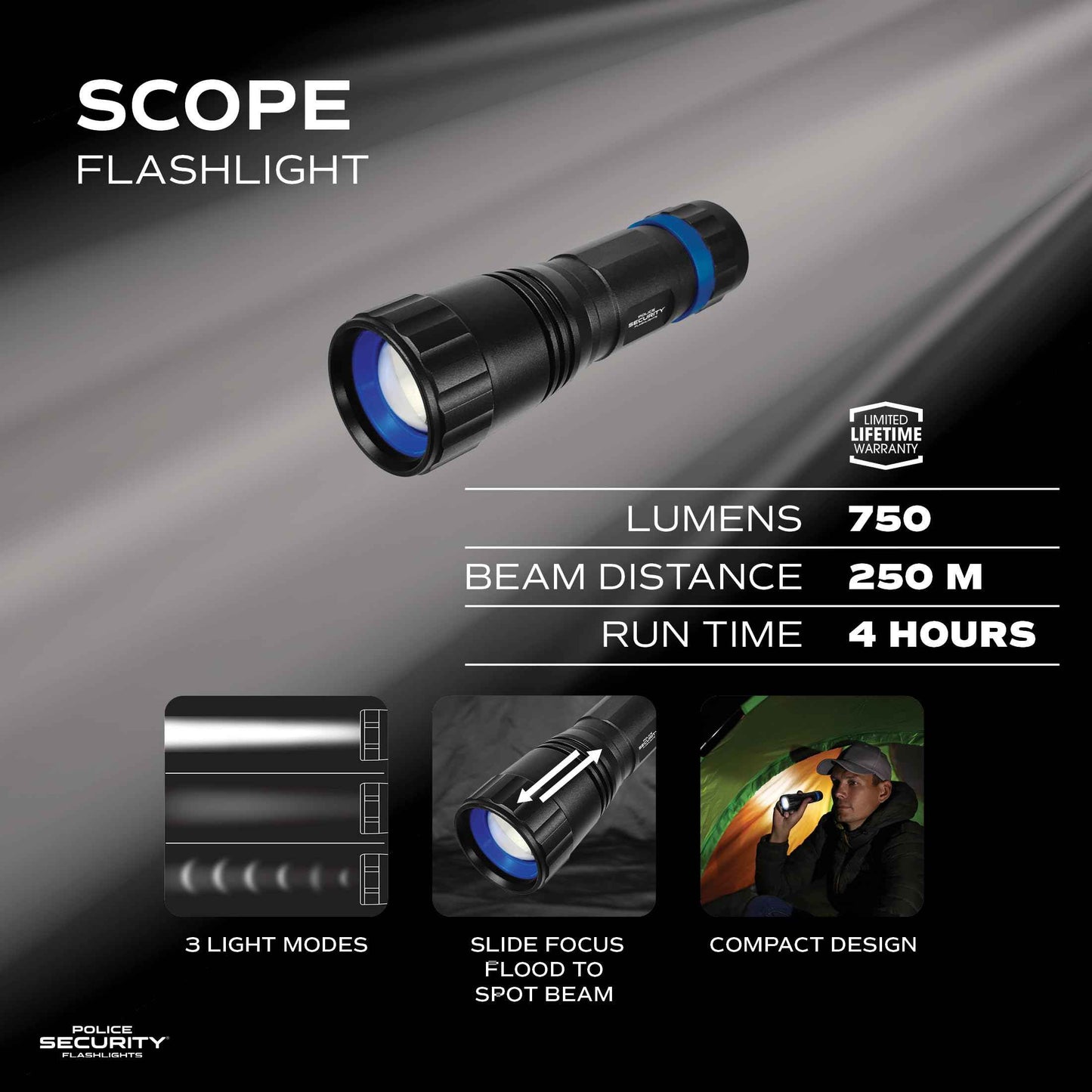 Police Security Scope Ultra-Bright 750 Lumen Flashlight, Compact, Heavy Duty, 3 Modes, Slide Focus, 4 AAA Batteries, Perfect for DIY to Camping to Trade Professional Needs