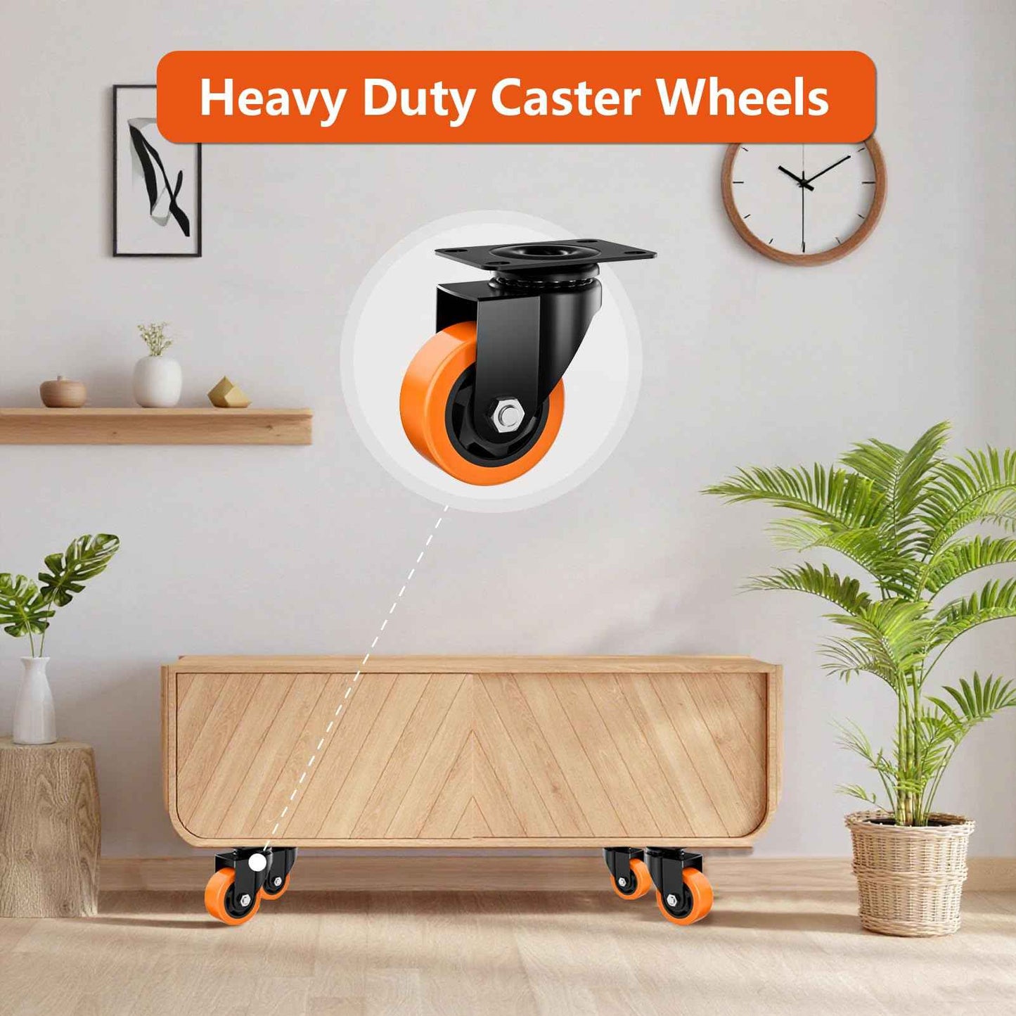 ASHGOOB 3 Inch Caster Wheels, Casters Set of 4 Heavy Duty, Orange Polyurethane (PU) Casters, Industrial Swivel Top Plate Castor Wheels for Workbench/Furniture/Cart (Pack of 4)