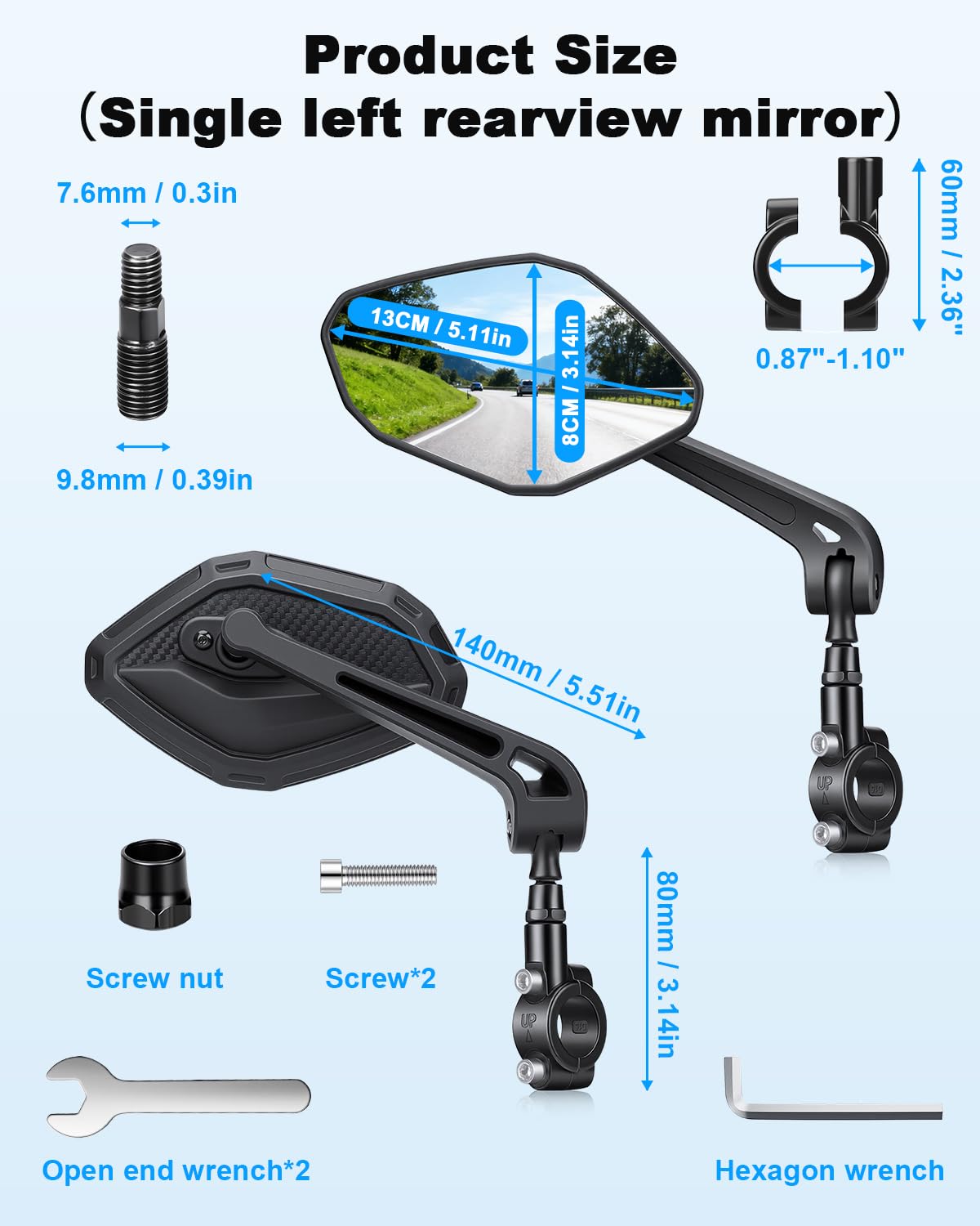 WSDCAM Bike Mirror HD Wide View, Adjustable Safety Rear View Mirrors, Scratch Resistant Glass Lens, Bicycle Accessories Universal Fit 0.87-1.10" Handlebars Mountain/Road bike Scooter Motorcycle eBike