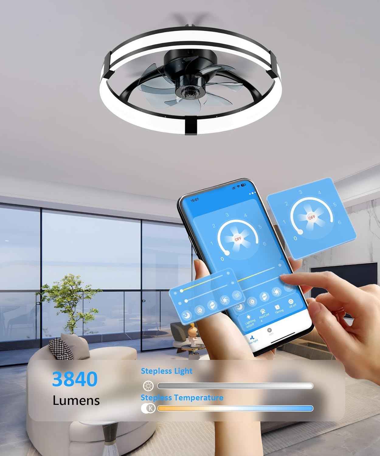 Smart Bladeless LED Ceiling Fan with Lights & Remote - 20" Black Low Profile Flush Mount for Bedroom