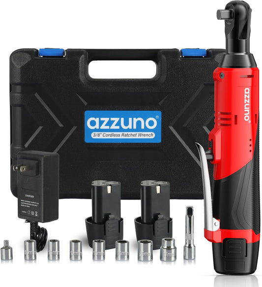 AZZUNO Cordless Electric Ratchet Wrench Set - 30 Ft-lbs, 300 RPM, 2 Batteries & 7 Sockets