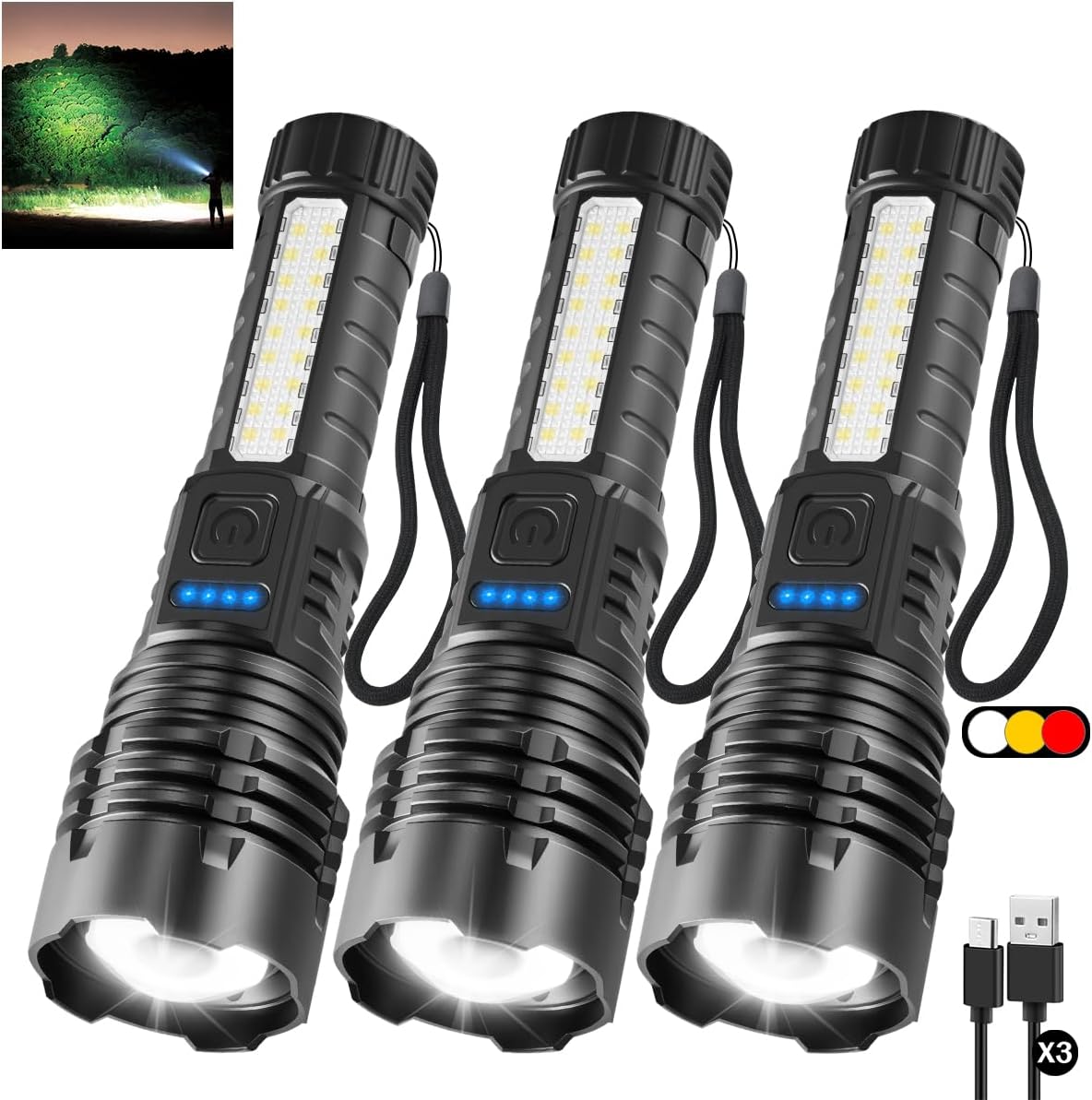High Lumens Rechargeable Flashlight Set - 3 Pack, 7 Modes Tactical LED Lights for Home & Camping