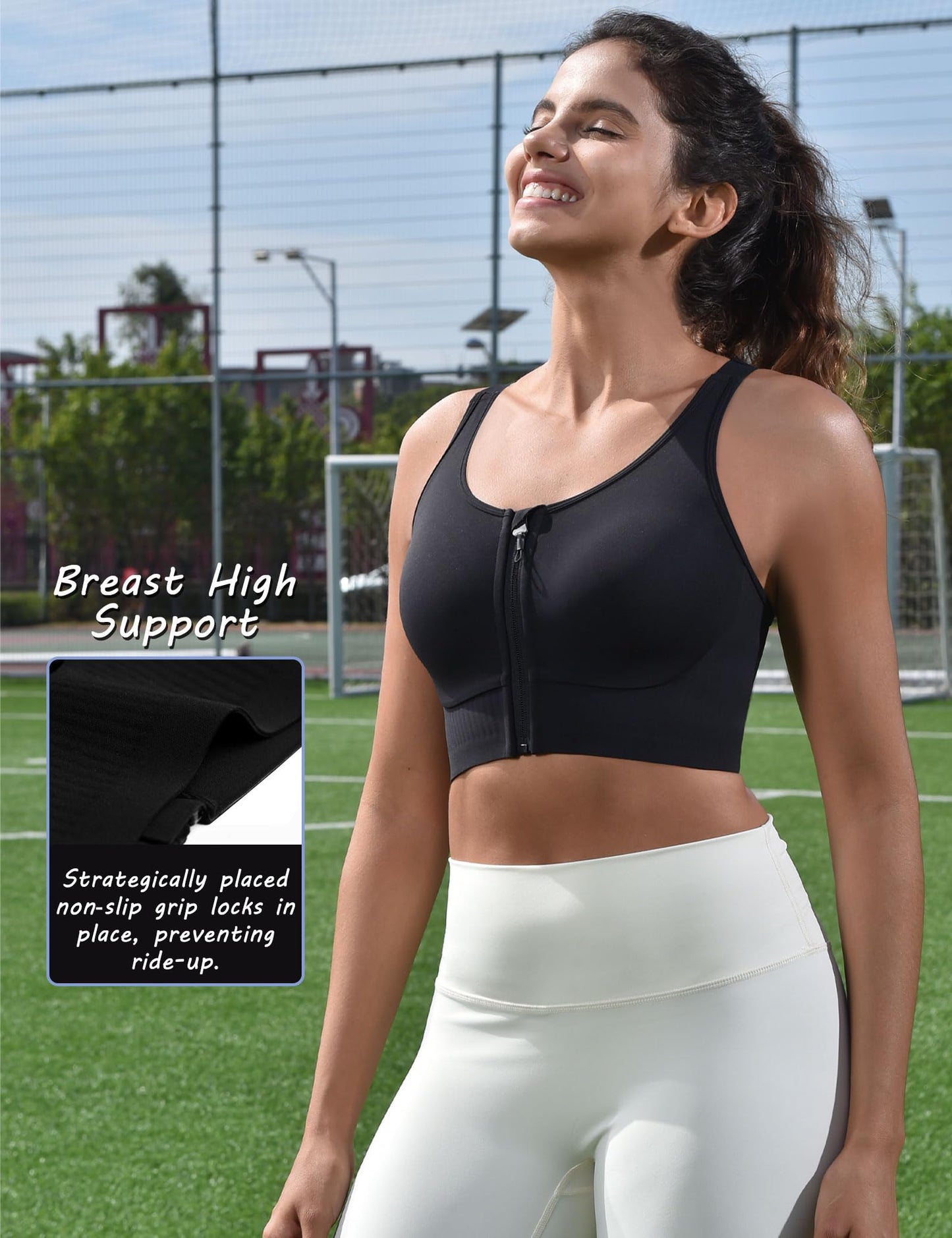 Cordaw Front Zipper Racerback Sports Bra for Women, High Impact & Molded Cups, Supportive for Running Gym Black L