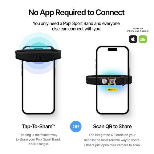 Popl Silicone Sport Band Digital Business Card Bracelet - Adjustable Waterproof NFC Wristband w/Instant App-Free Sharing - Wearable Tap Bracelets Compatible w/iPhone & Android (Black on Black)
