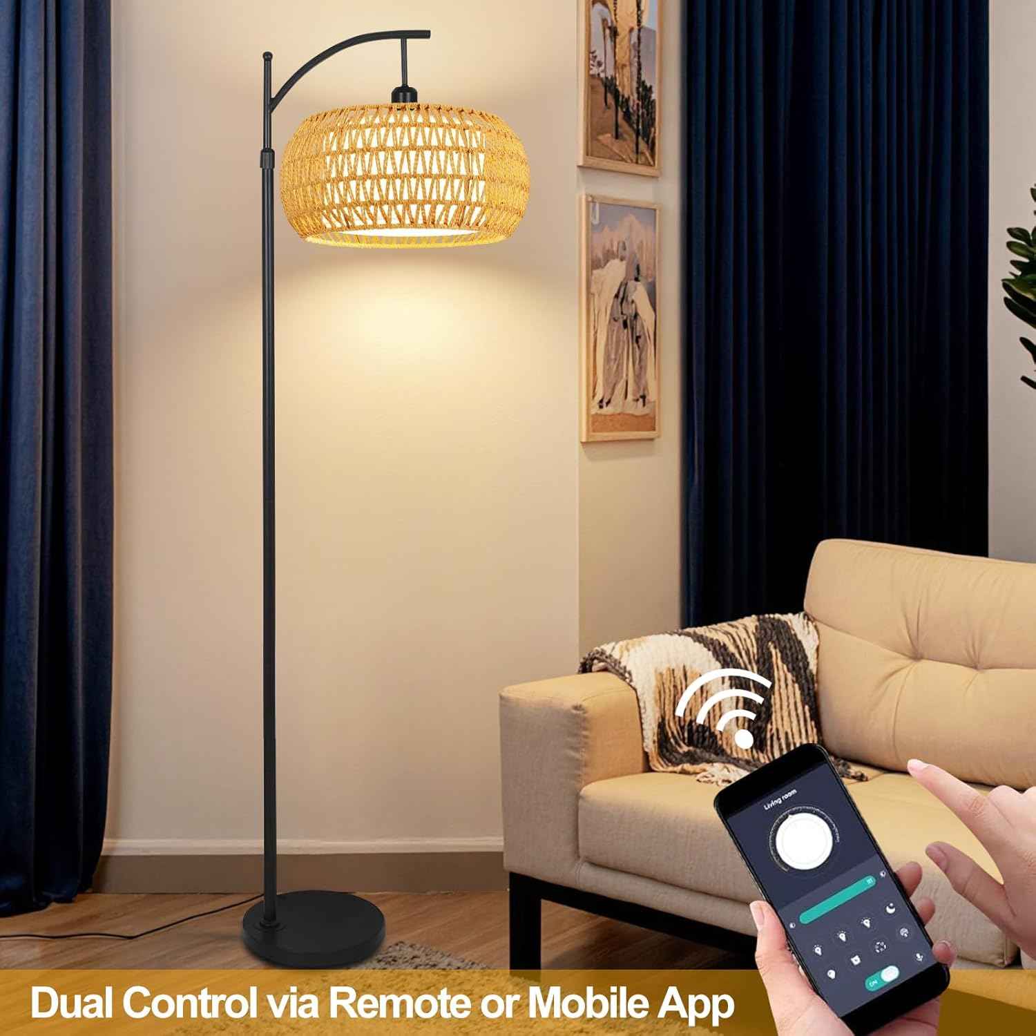 Boho Gold Floor Lamp with Remote Control | Dimmable Rattan & Wicker Design for Living Room