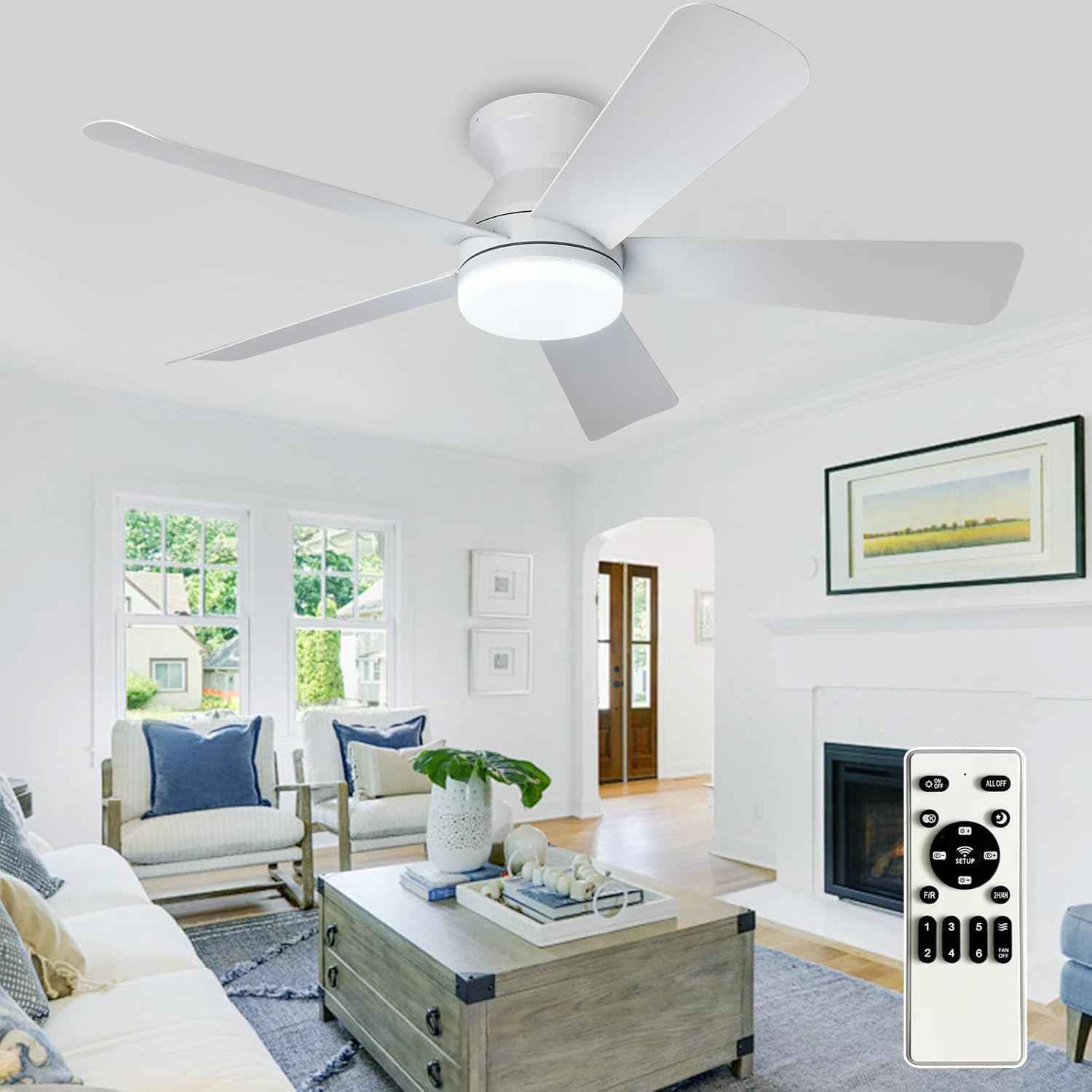 42-Inch Modern Black Ceiling Fan with Light & Remote - Dimmable Low Profile, 5 Reversible Walnut Blades, 6 Speeds for Indoor/Outdoor Use