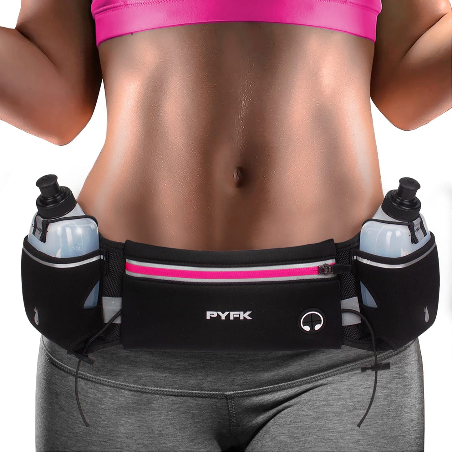 PYFK Running Belt with Water Bottles, Hydration Belt for Men and Women, Water Bottle Holder Running Pouch Water Belt, Fanny Pack Fits 7 inches Phones, Waist pack for Runner Jogging (rose red)