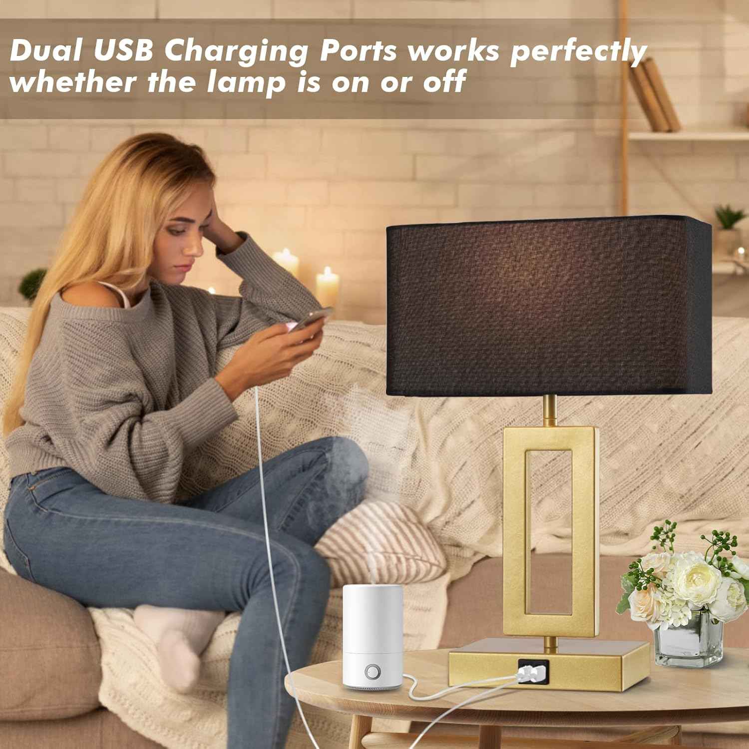 Gold Table Lamps Set of 2 - 3-Way Dimmable Touch Control with USB Ports, 22” Modern Design for Bedroom & Living Room