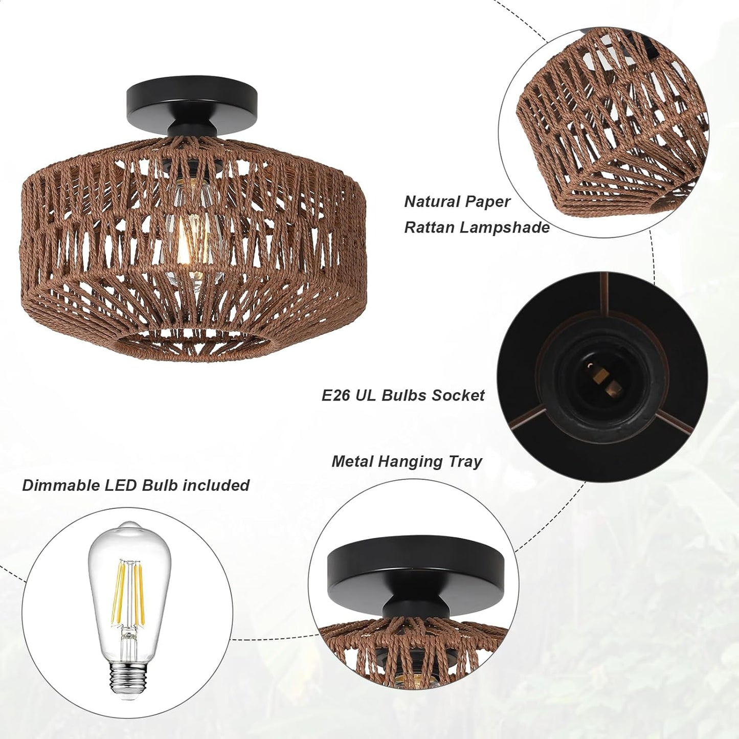 Boho Rattan Chandelier Ceiling Light Fixture with Dimmable LED Bulb - Hand Woven Flush Mount for Hallway, Bedroom, Kitchen & Living Room